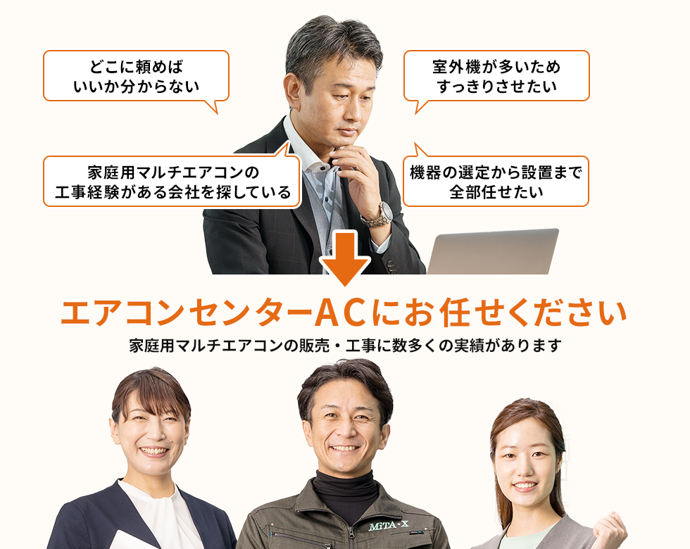 どこに頼めばいいかわからない/室外機が多いためすっきりさせたい/家庭用マルチエアコンの工事経験がある会社を探している/機器の選定から設置まで全部任せたい → エアコンセンターACにお任せください!